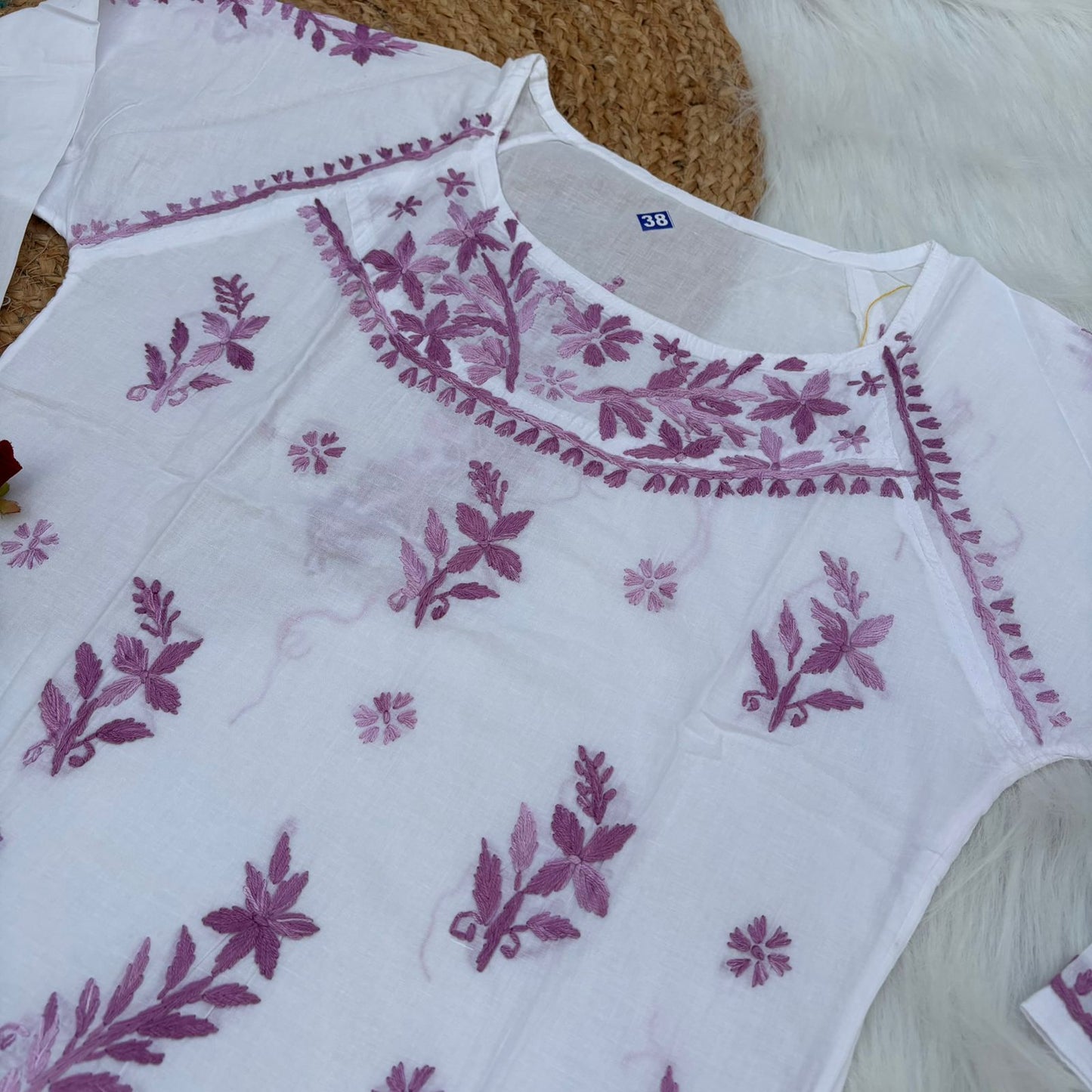Alia Soft Rayon Chikankari Short Kurti - White Mauve Color - Chikankaar