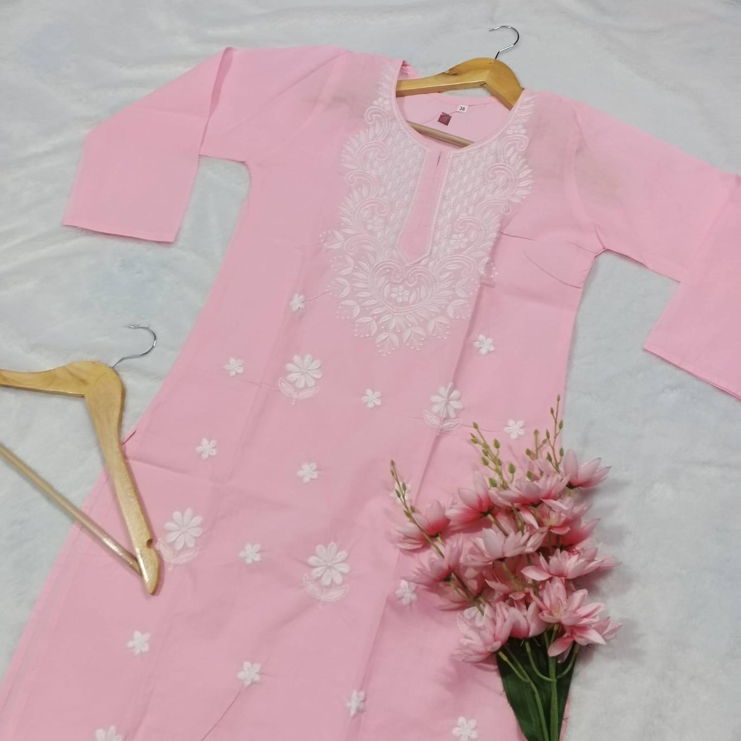 COTTON MACHINE WORK CHIKANKARI KURTI - BABY PINK COLOUR - Chikankaar