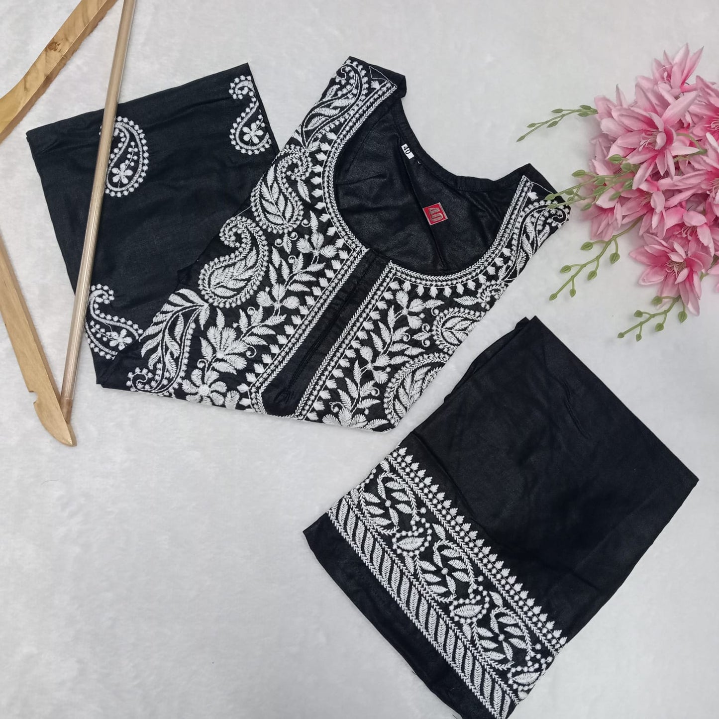 Rayon Chikankari Machine Work Kurti Plazo Set- Black Colour - Chikankaar
