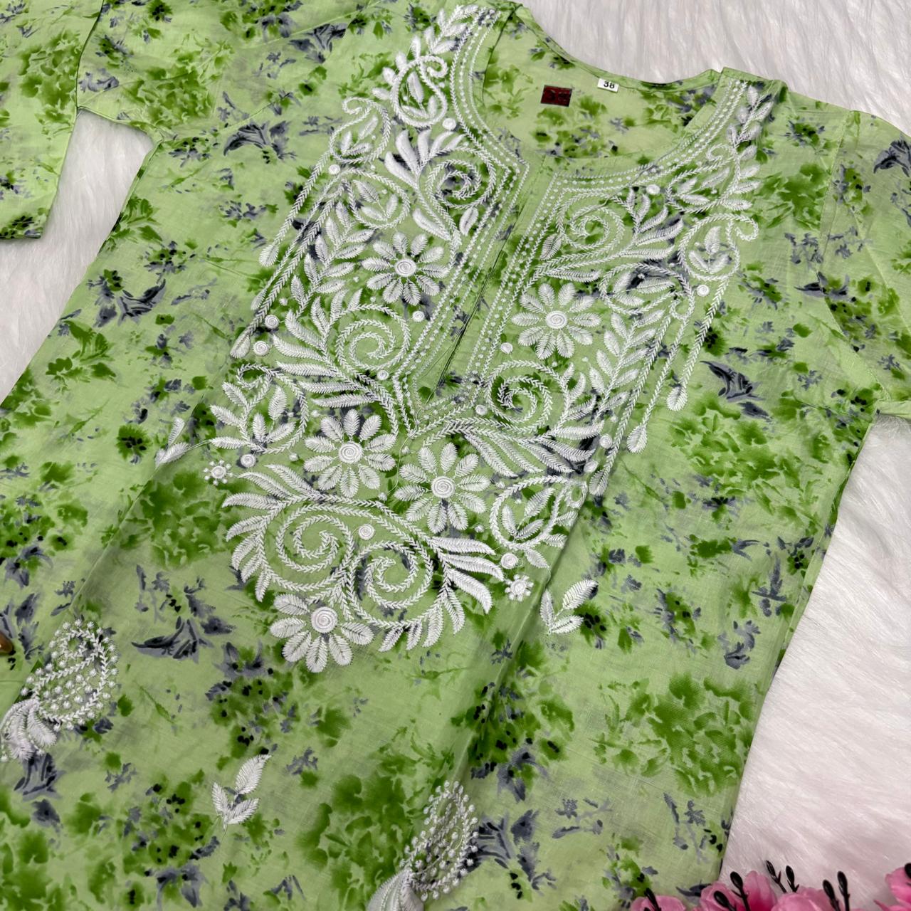 Mulmul Cotton Chikankari Machine Work Kurti - Parrot Green Colour - Chikankaar