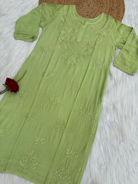 Kiara Dyeable Soft Rayon Handwork Chikankari Kurti - Green Colour