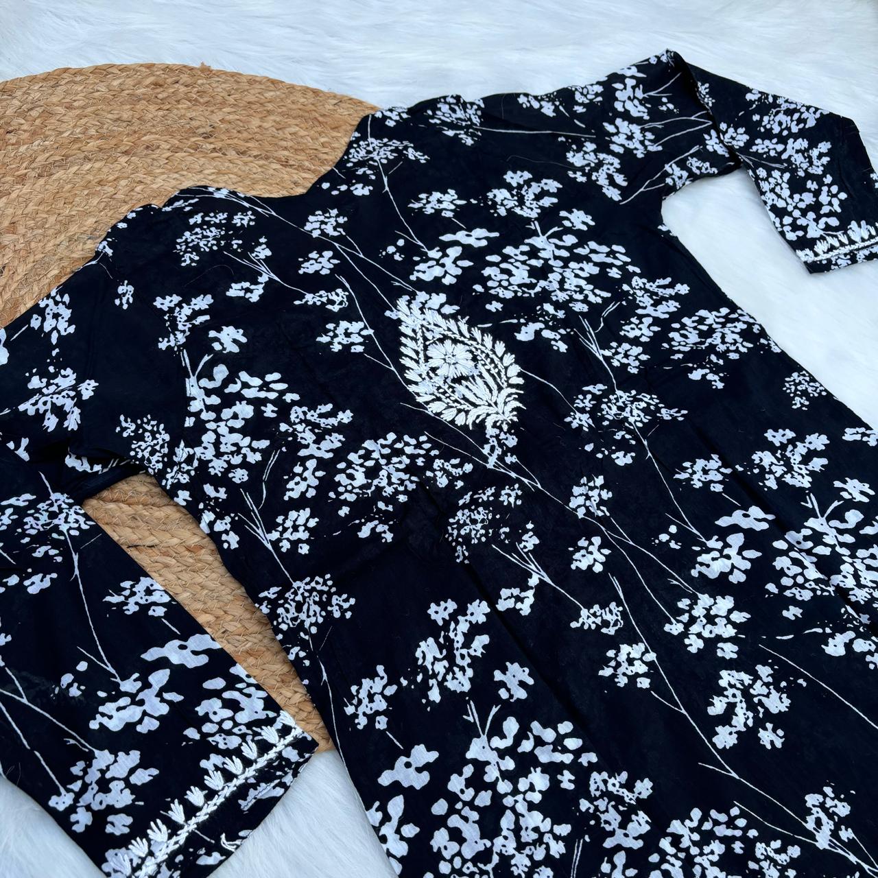 Mahira Sharma Inspired Pure Mulmul Printed Chikankari Handwork Kurti - Black Colour - Chikankaar