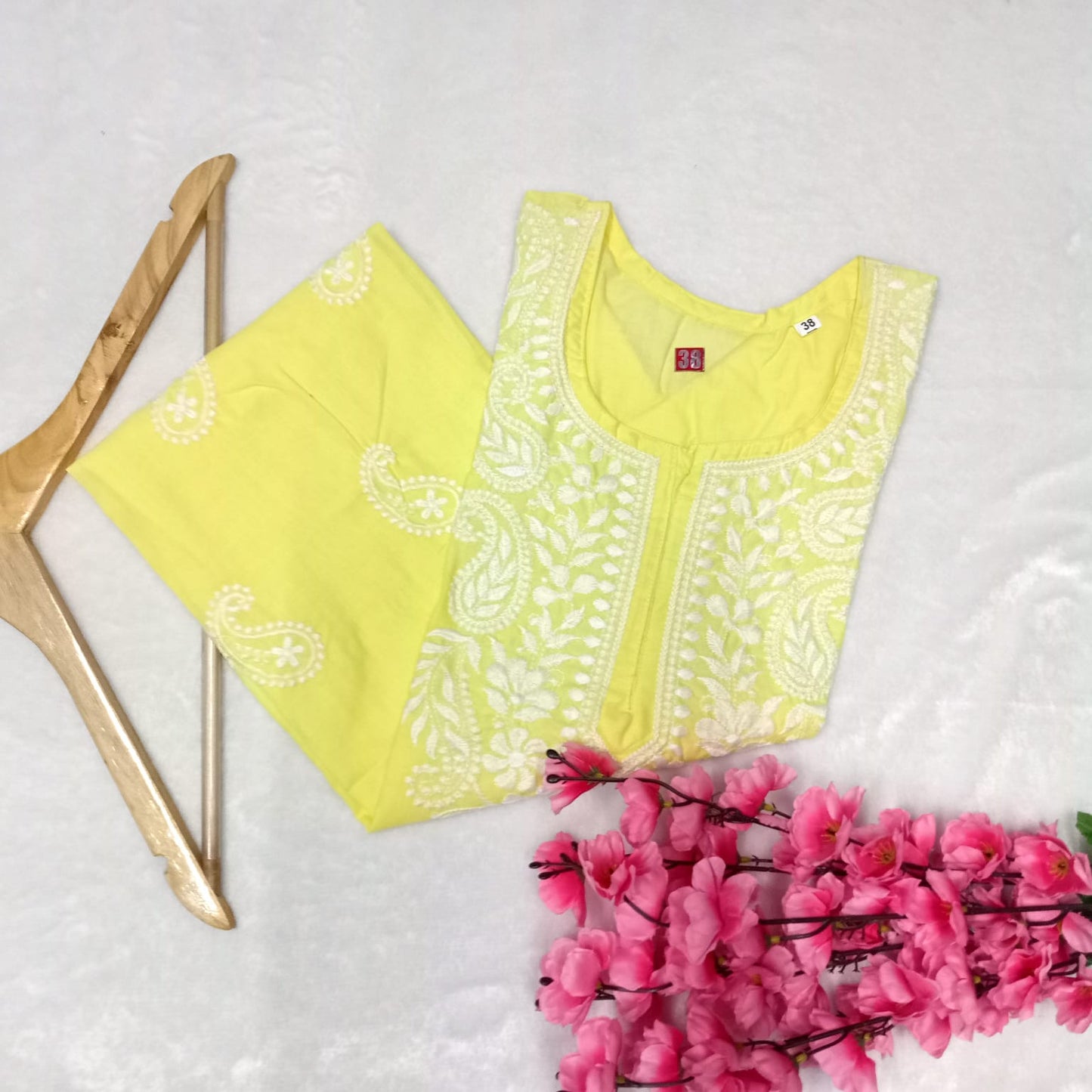 Cotton Machine Work Chikankari Kurti -Lemon Colour - Chikankaar