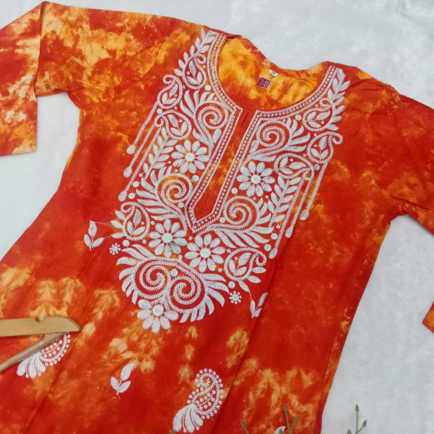Rayon Tie & Dye Chikankari Machine Work Kurti- Orange Colour - Chikankaar