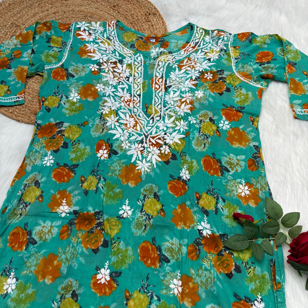 Plus size special-Dhanashree Inspired Mulmul Floral Printed Chikankari Handwork Kurti -Sea Green Colour - Chikankaar
