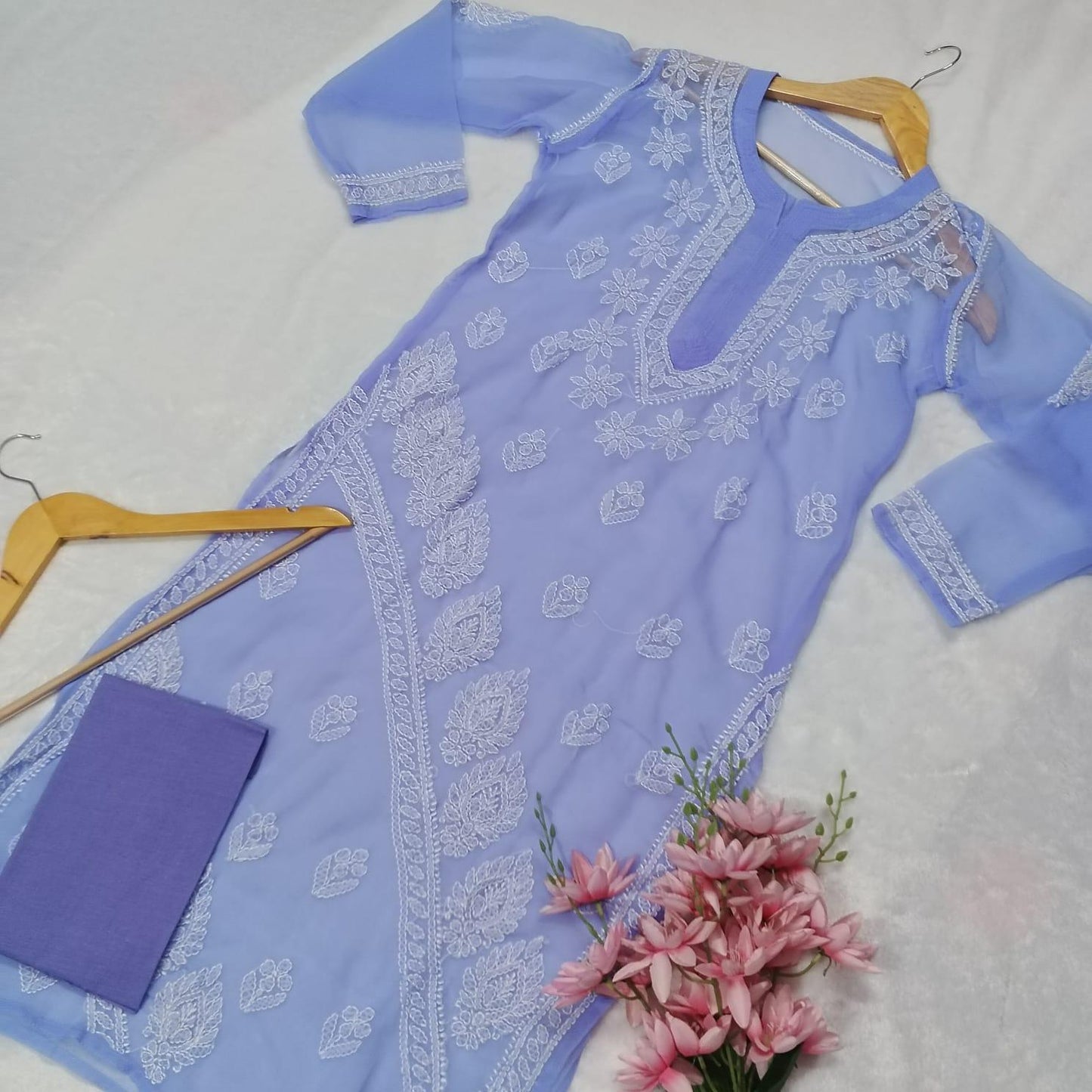 GRACEFUL GEORGETTE CHIKANKARI CROSS PANEL KURTI WITH INNER - PURPLE COLOUR - Chikankaar