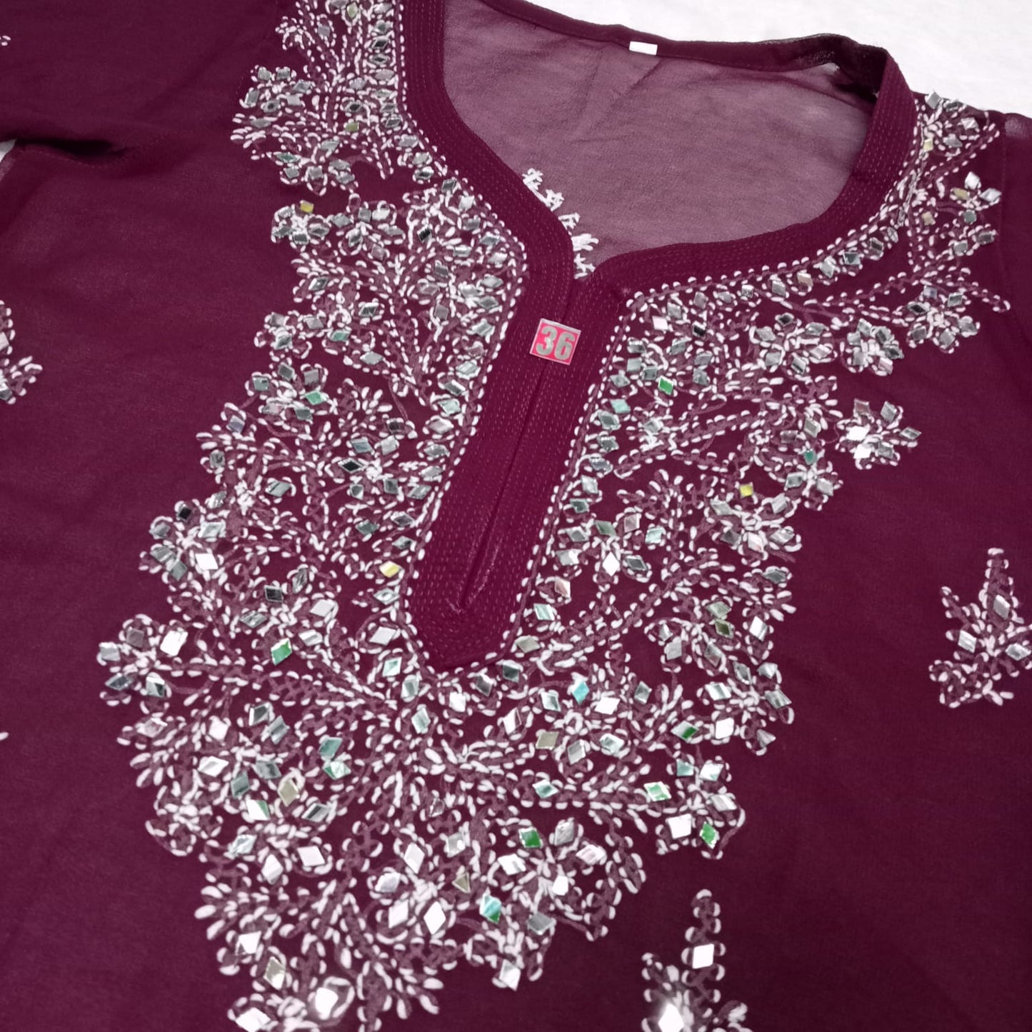 Georgette Mirror Work Chikankari Kurti With Inner -Wine Colour - Chikankaar