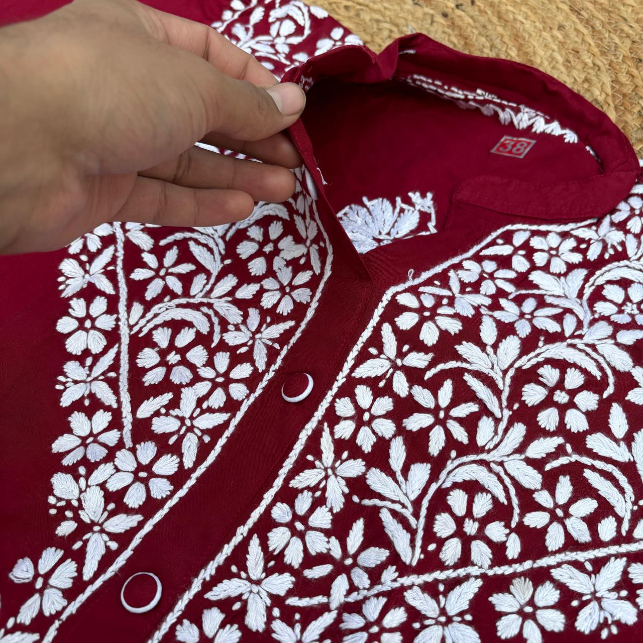Rihana Rayon Chikankari Short Kurti Plazo Coord Set - Maroon colour - Chikankaar