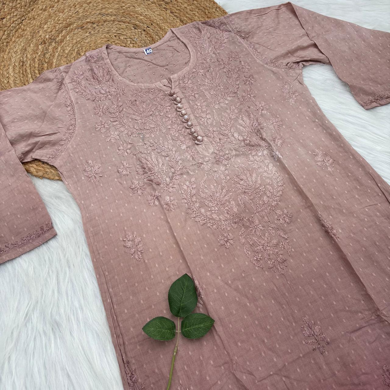 Farah Ombre Shaded Dobby Cotton Chikankari Kurti - Brown colour