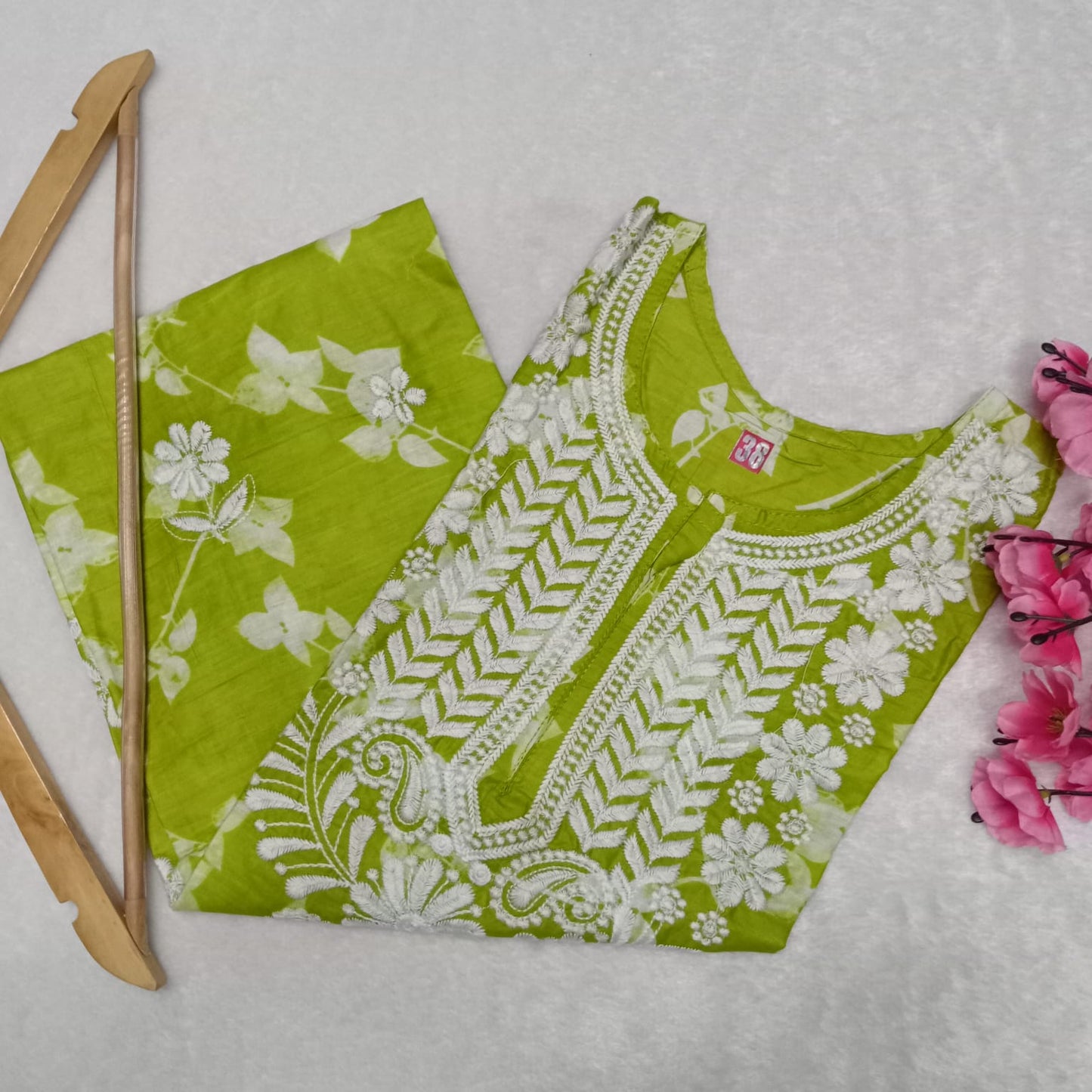 Mulmul Cotton Chikankari Machine Work Kurti - Parrot Green Colour - Chikankaar