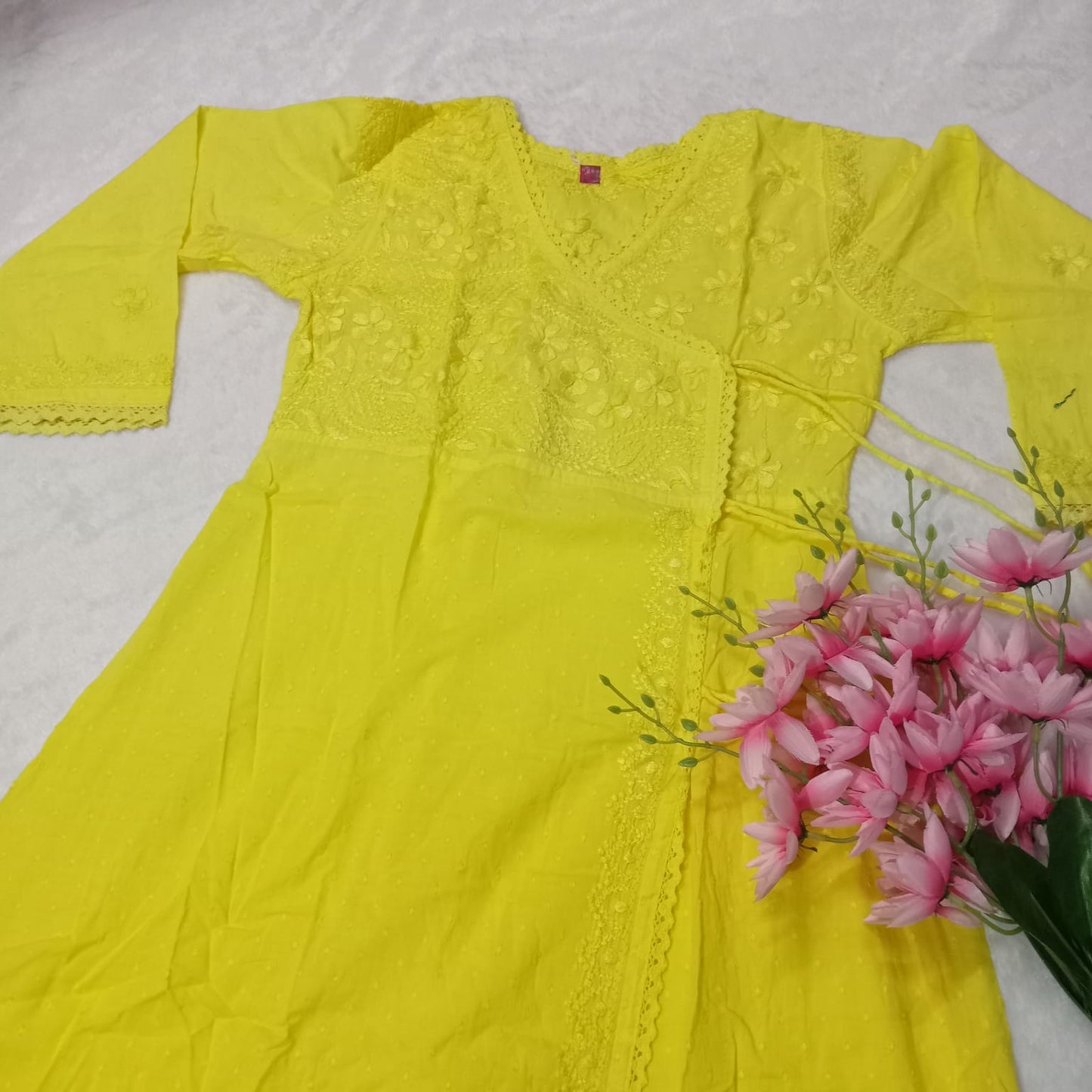 Ombre Shaded Dobby Cotton Chikankari Angarakha - Yellow Colour - Chikankaar