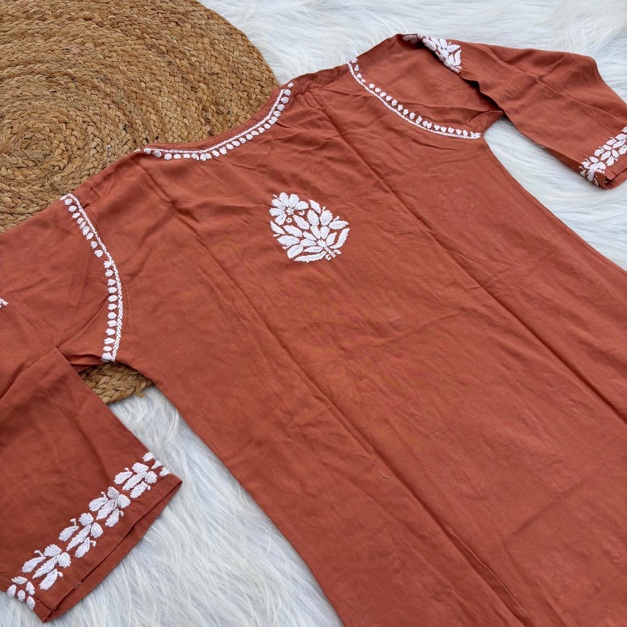 Samara Rayon Handwork Chikankari Kurti Plazo Set - Rush Orange Colour