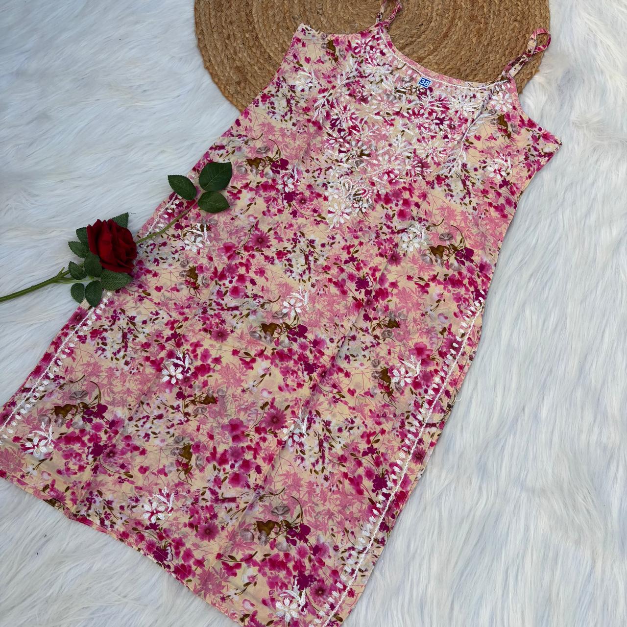 Hana Mulmul Chikankari Noodle Strap Short Kurti -Pink colour (Length - 38")