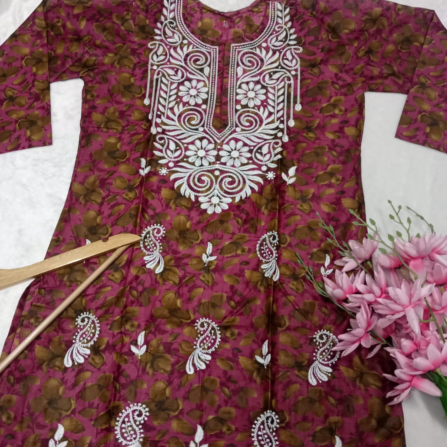 Cotton Silk Chikankari Machine Work Kurti - Cherry Colour - Chikankaar