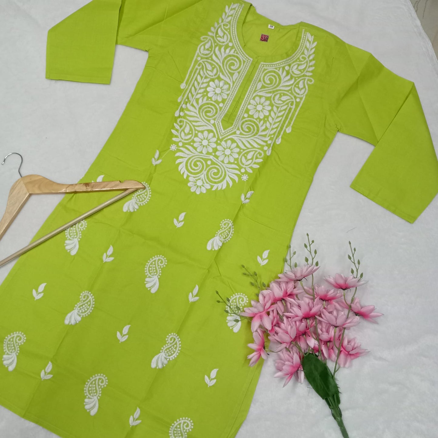 Cotton Machine Work Chikankari Kurti - Parrot Green Colour - Chikankaar