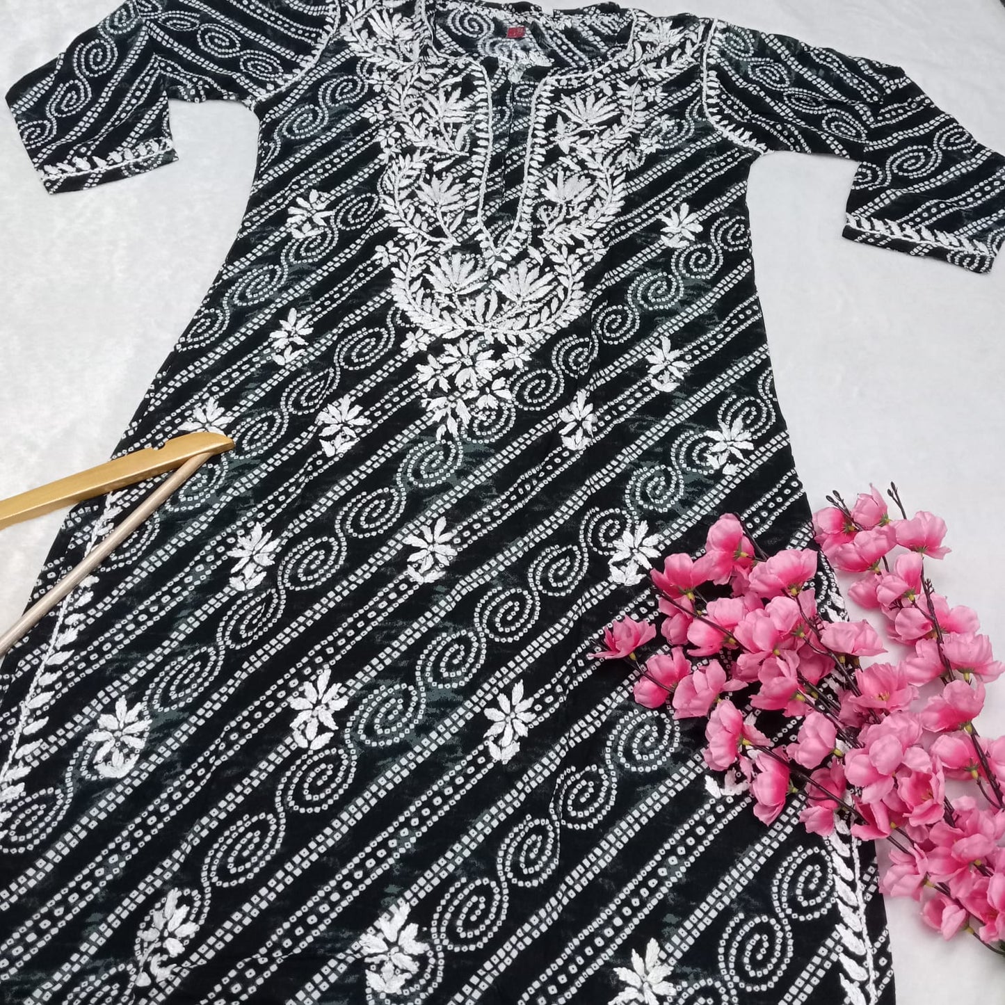 Falak Bandhani Print Rayon Chikankari Kurti Black Colour - Chikankaar