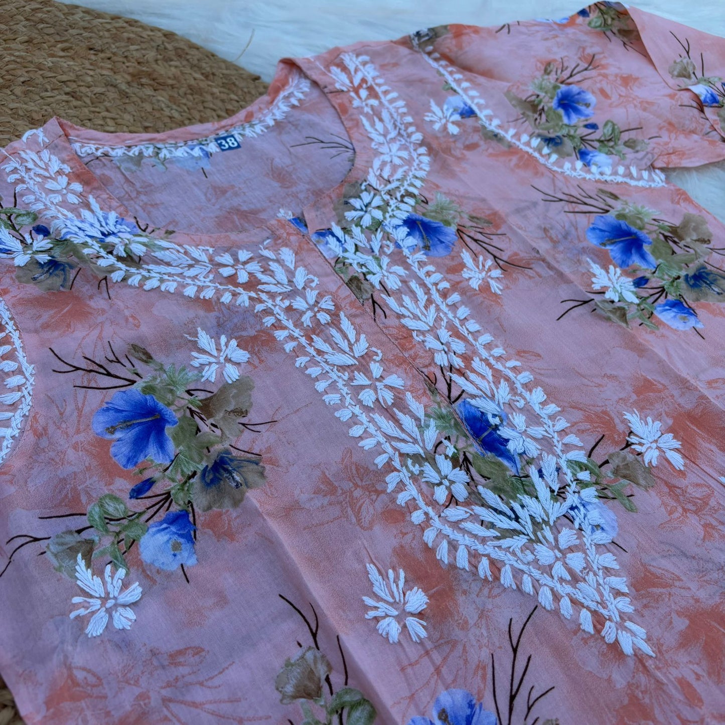 Rasha Pure Mulmul Chikankari Kurti - Peach Color