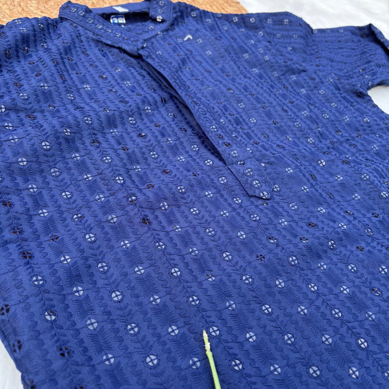 Ayaan Mens Cotton Chikankari Kurta - Blue colour
