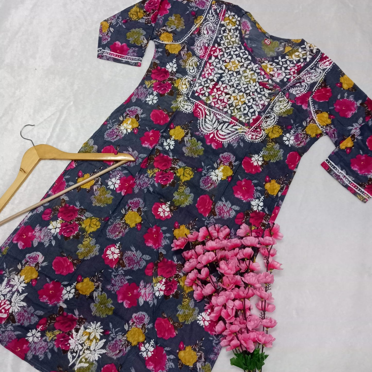 Masooma Mulmul Floral Printed Chikankari Handwork Kurti - Grey Colour - Chikankaar