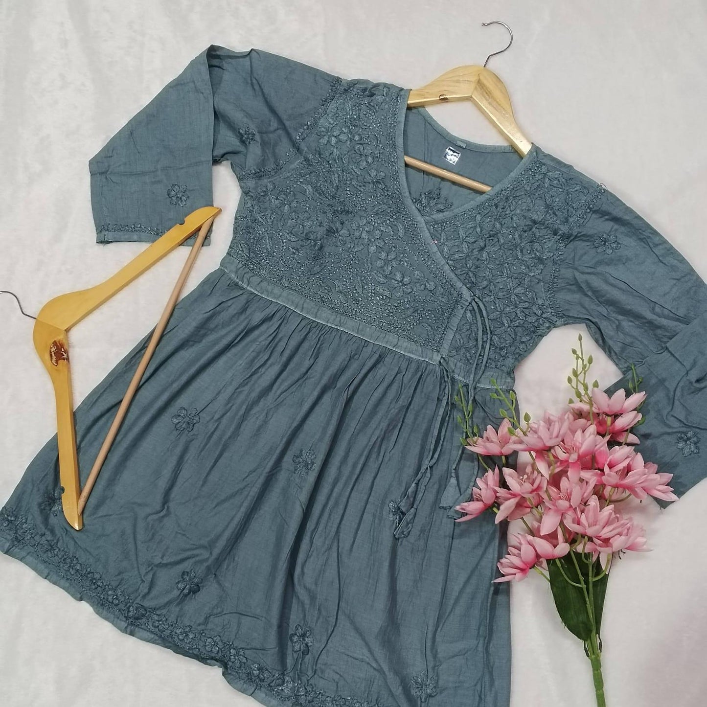 Dobby Cotton Chikankari
Short Angarakha Gown - Grey Colour - Chikankaar