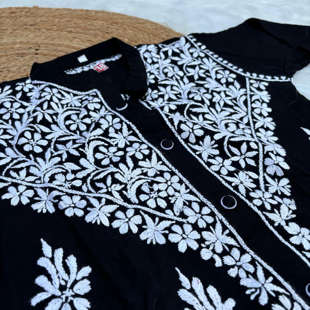 Rihana Rayon Chikankari Short Kurti Plazo Coord Set - Black colour - Chikankaar