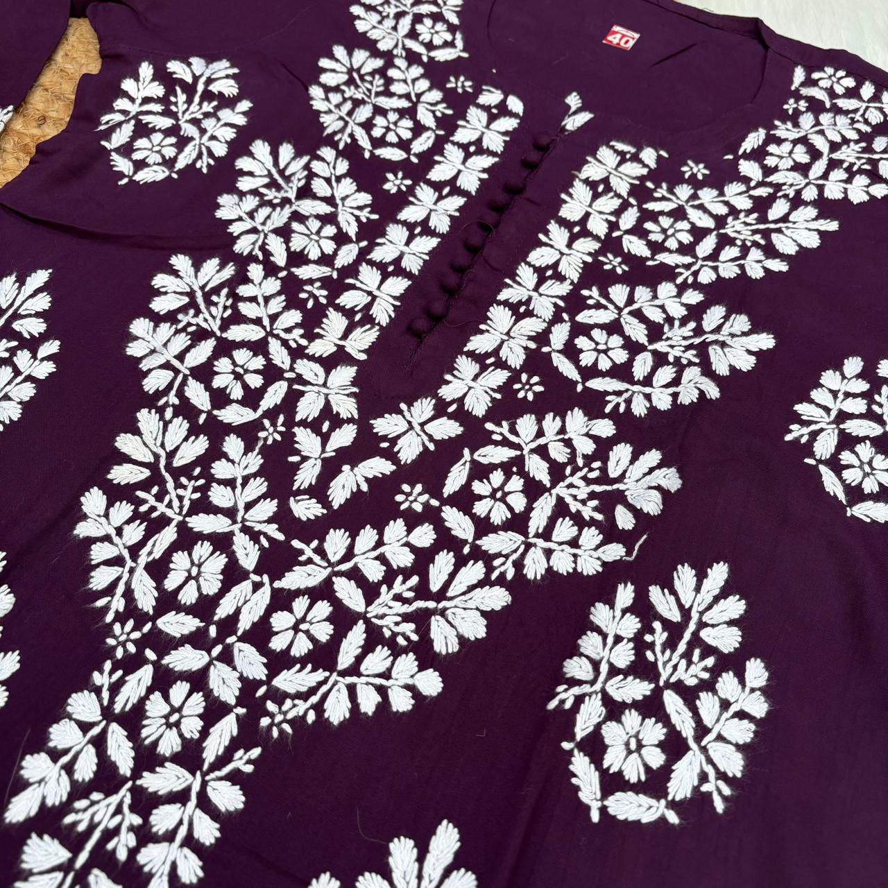Ameena Soft Rayon Chikankari Kurti - Wine Colour