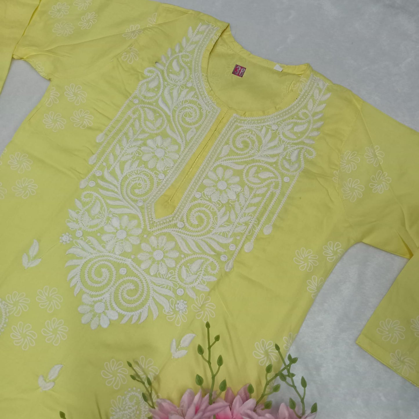 RAYON CHIKANKARI MACHINE WORK KURTI -YELLOW COLOUR - Chikankaar