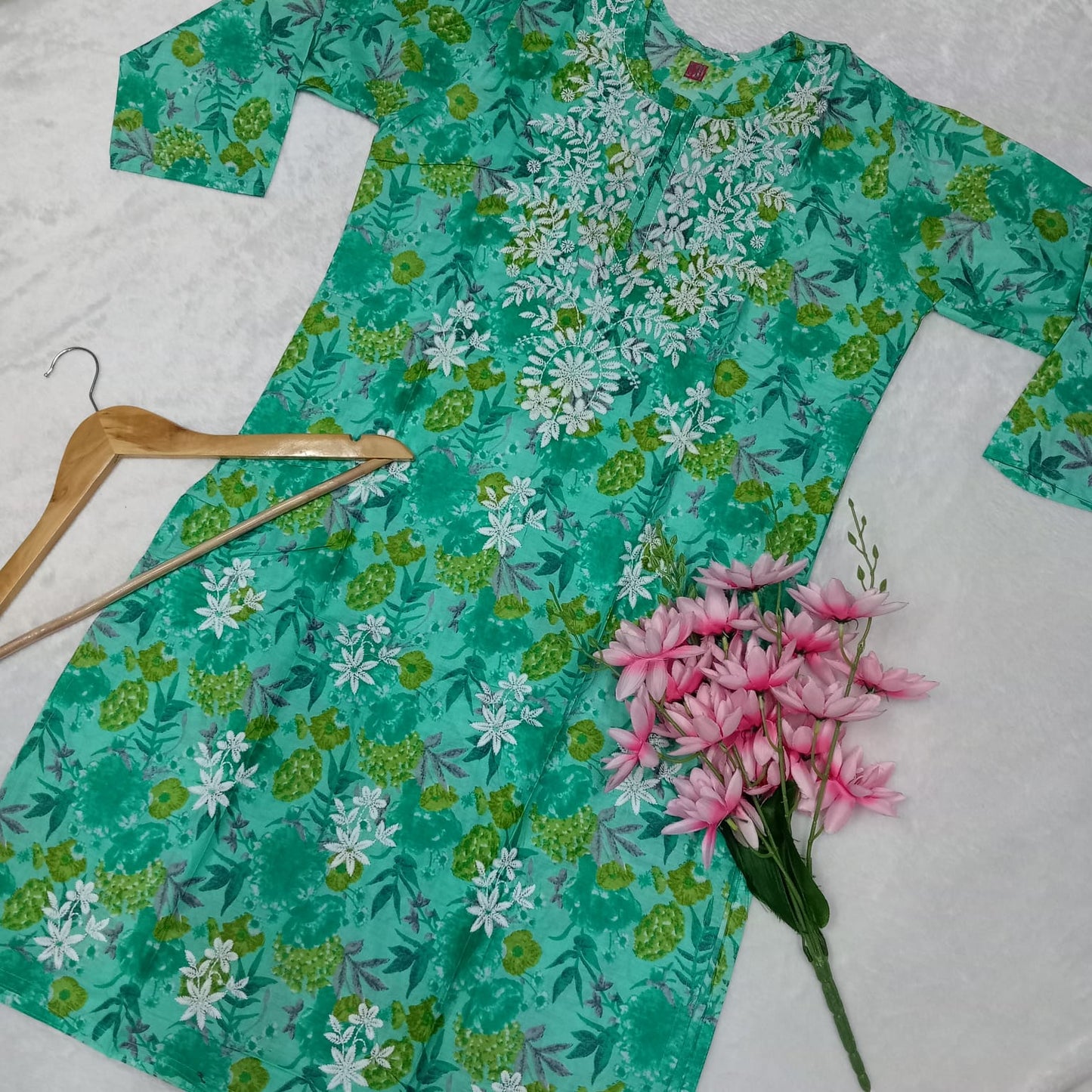 Mulmul Cotton Chikankari Machine Work Kurti - Sea Green Colour - Chikankaar