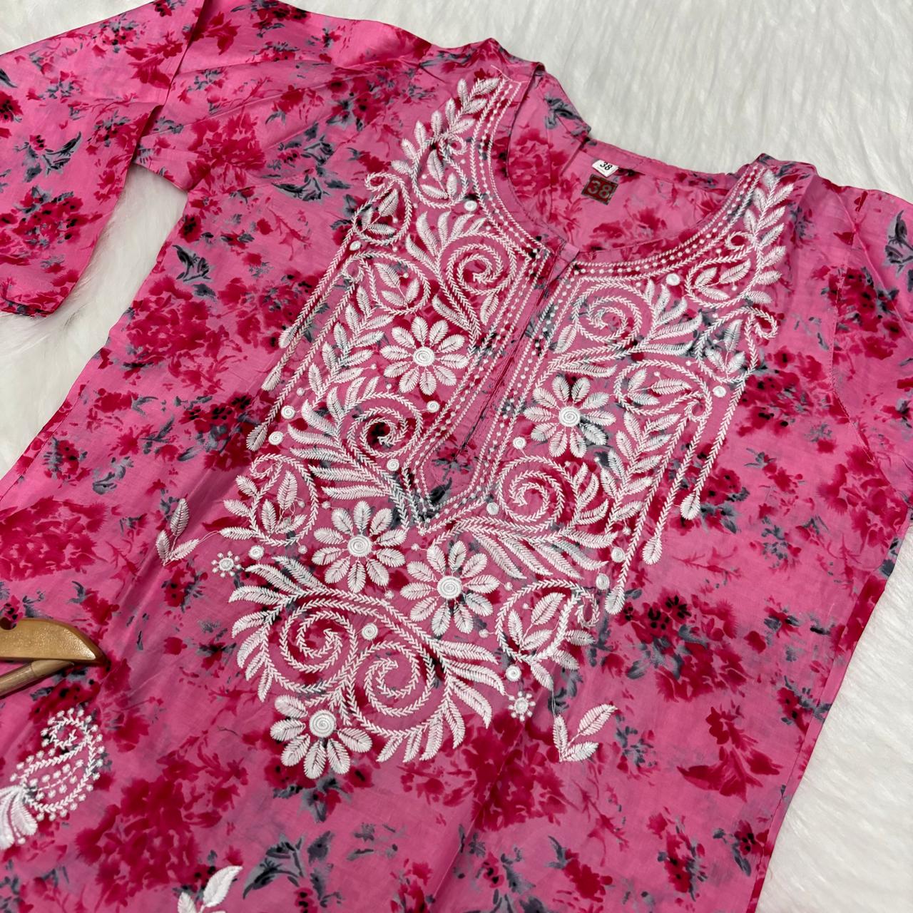 Mulmul Cotton Chikankari Machine Work Kurti - Pink Colour - Chikankaar