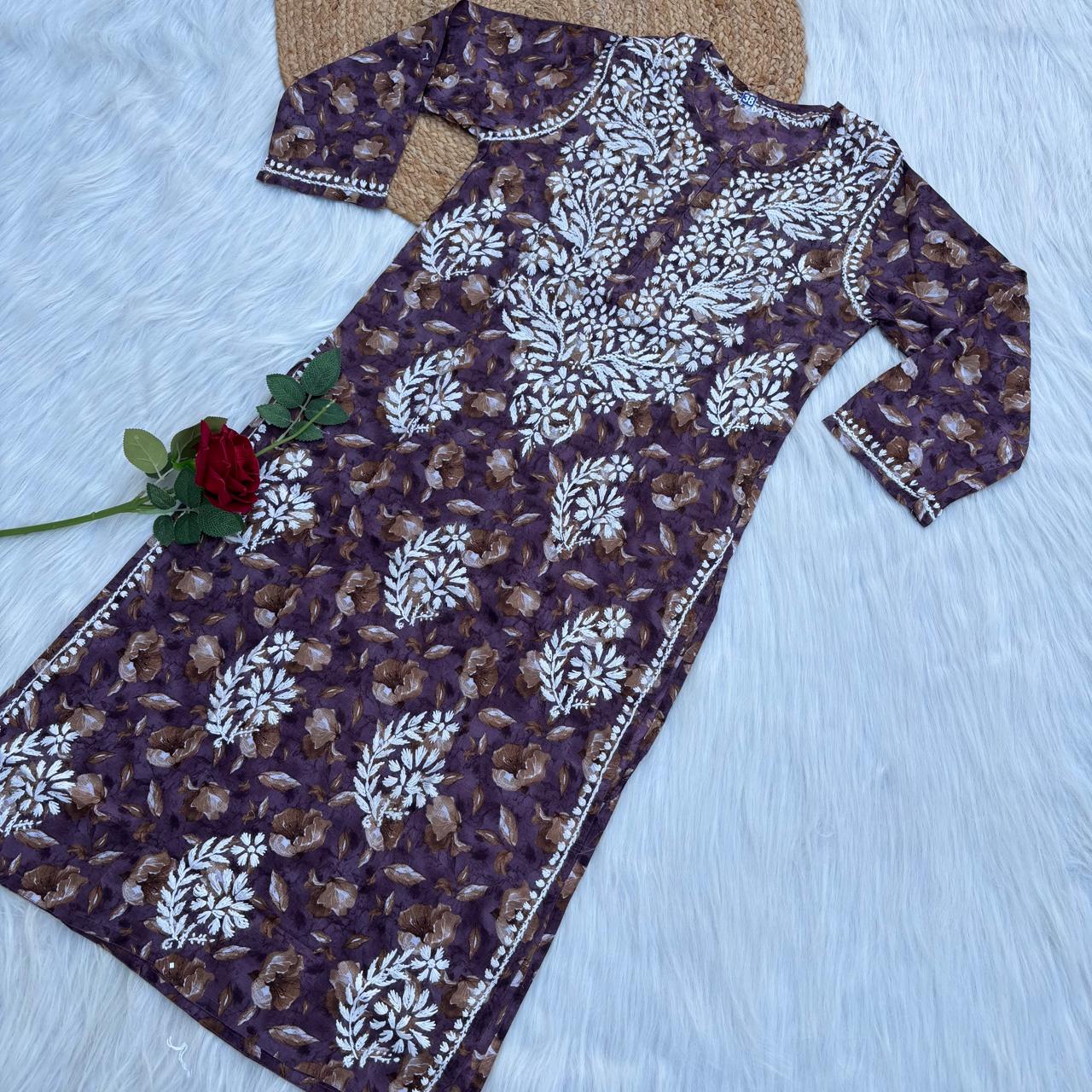 Sana Pure Mulmul Chikankari Handwork Kurti - Purple Colour
