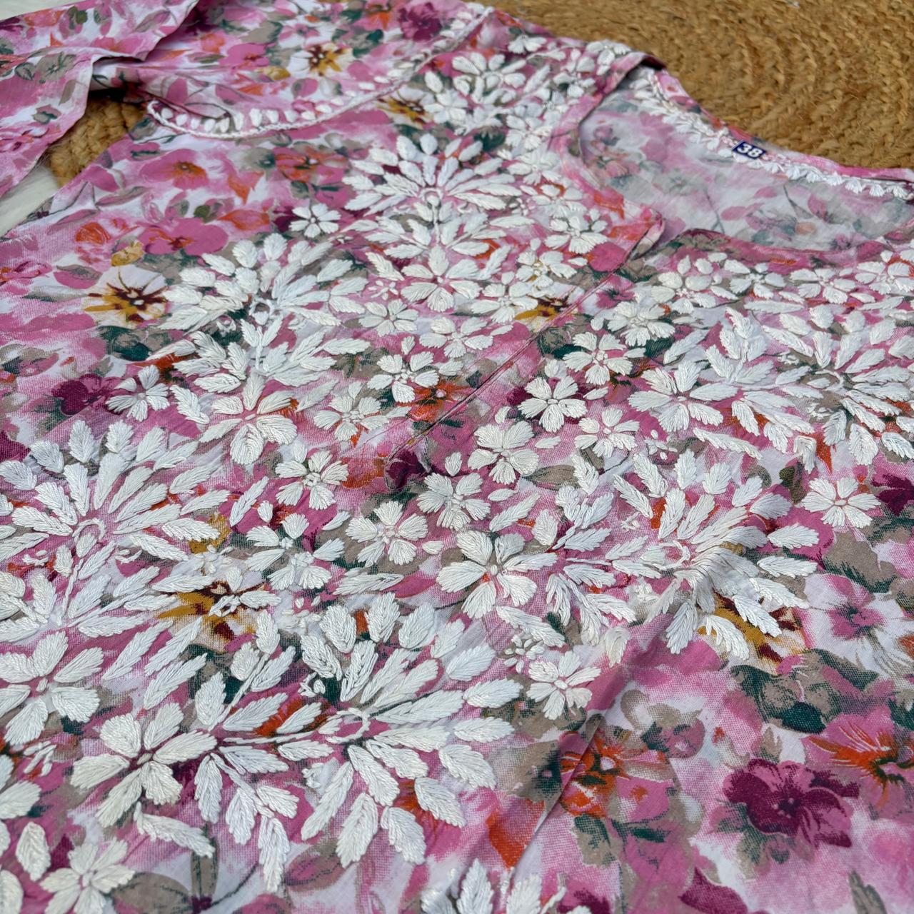 Yasmin Pure Mulmul Chikankari Handwork Kurti - Pink Colour