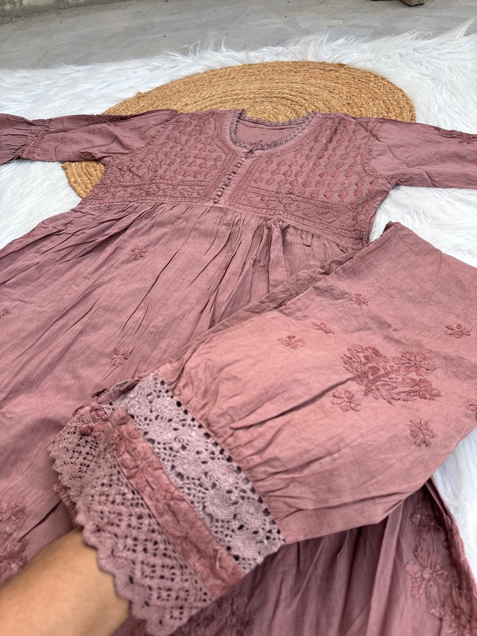 Laila Dobby Cotton Frock Style Short Kurti with Afghani Pant - Brown Color