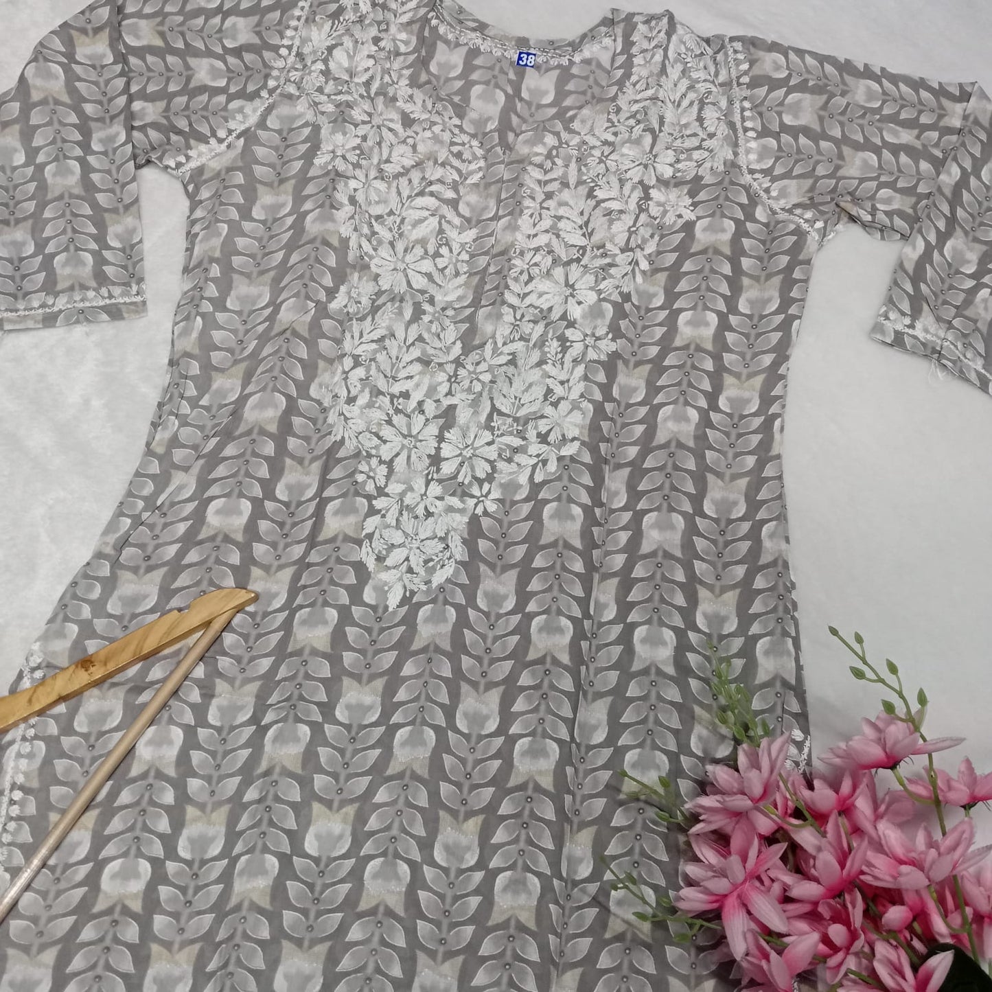 Pure Mulmul Chikankari Handwork Kurti - Grey Colour - Chikankaar
