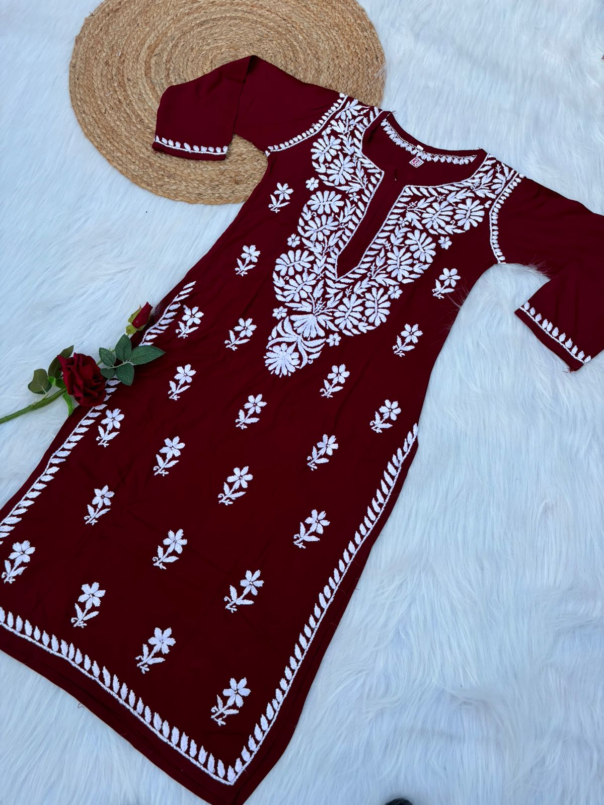 Hiba Soft Rayon Chikankari Kurti - Maroon Colour - Chikankaar