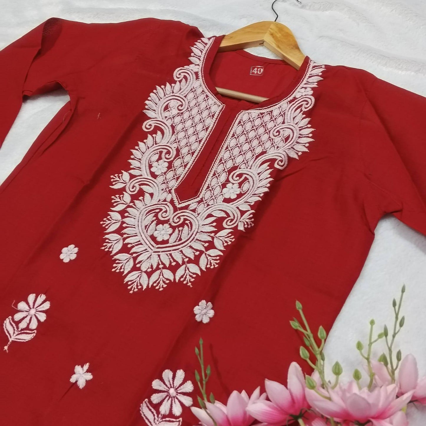 Cotton Machine Work Chikankari Kurti - Red Colour - Chikankaar