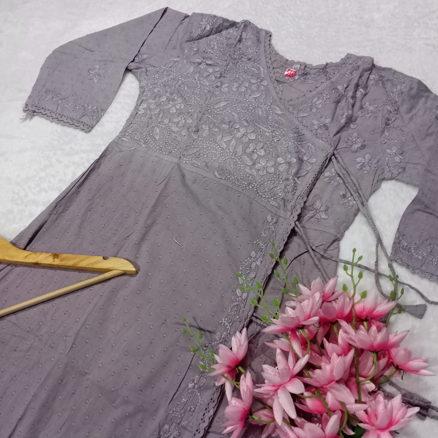 Ombre Shaded Dobby Cotton Chikankari Angarakha -Grey Colour - Chikankaar