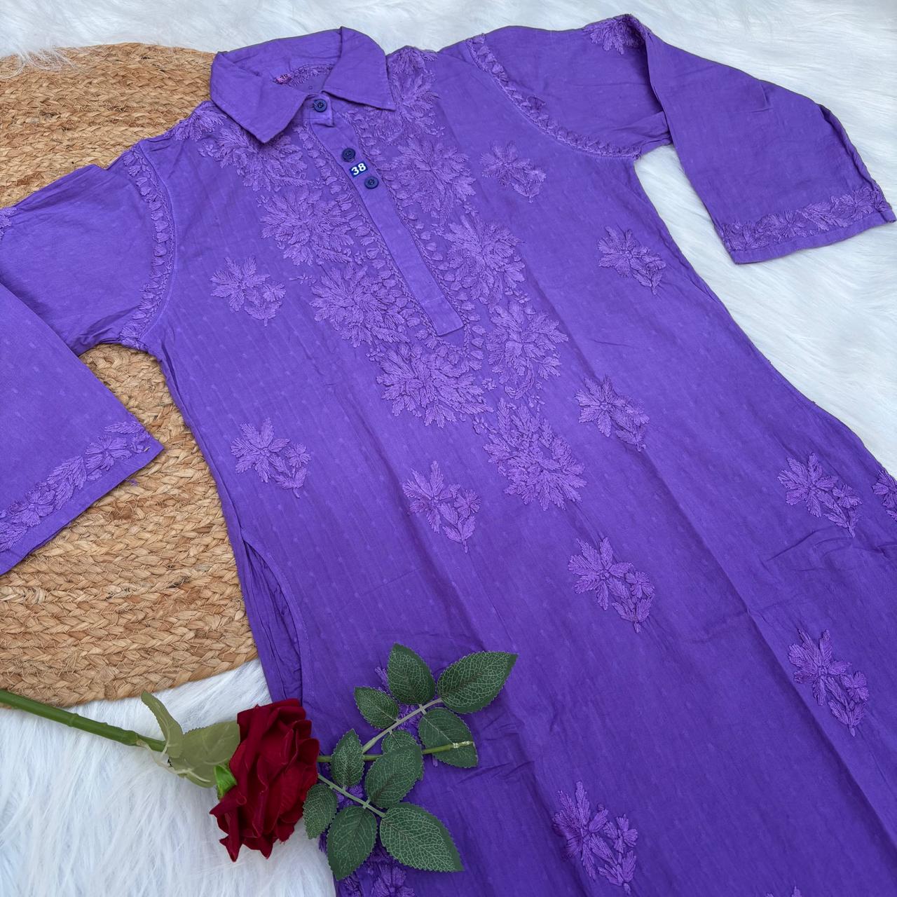 Sadia Dobby Cotton Ombre Shaded Chikankari Kurti with Collar - Purple Colour