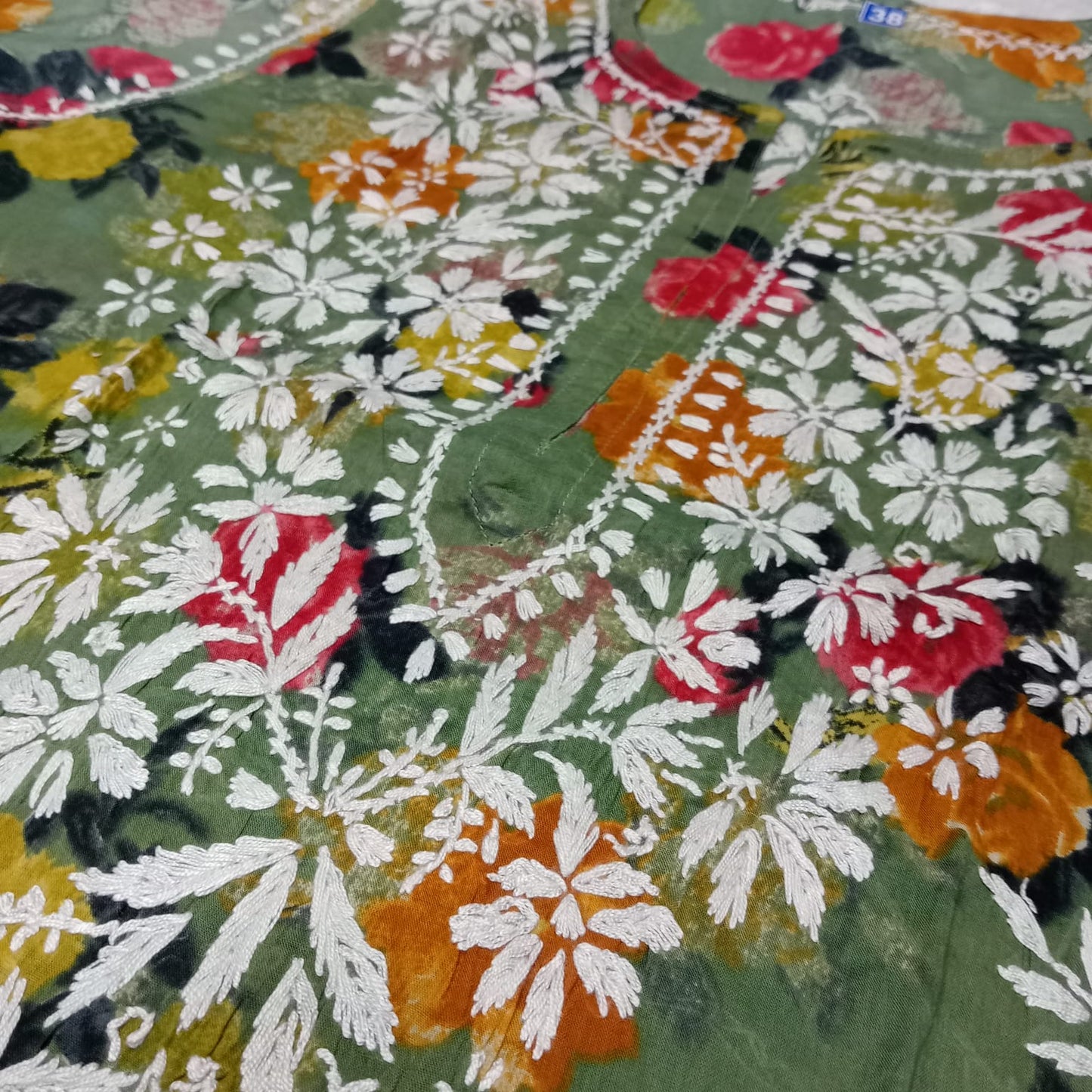 Dhanashree Inspired Mulmul Floral Printed Chikankari Handwork Kurti -Dark Green Colour - Chikankaar