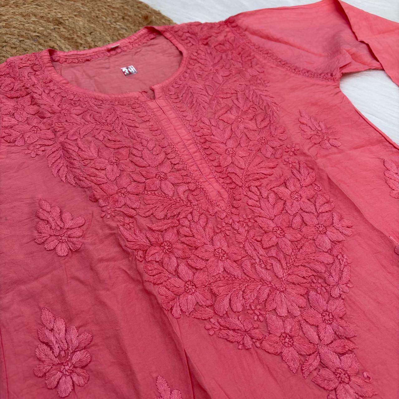 Zooni Chanderi Lucknowi Chikankari Dyed Kurti- Gazri colour