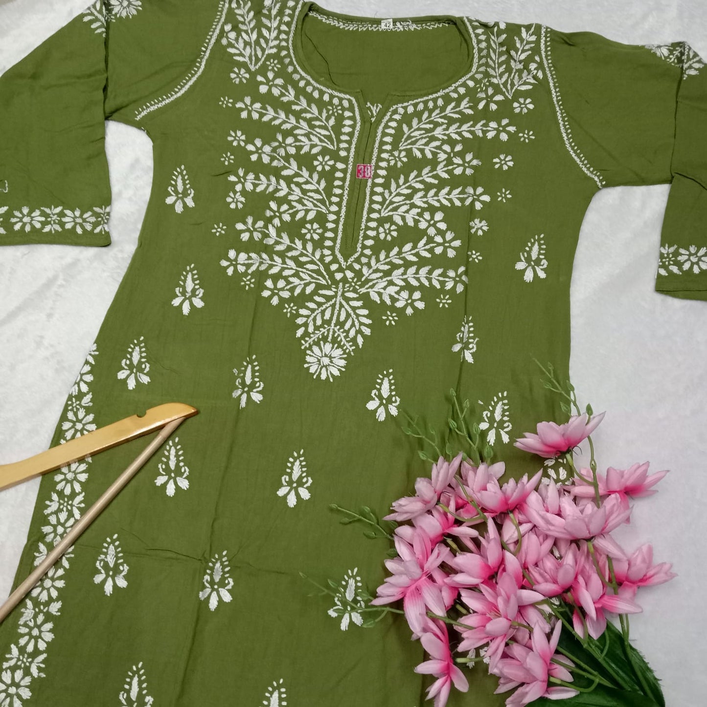 Soft Rayon Chikankari Ghaspatti Work Kurti Dark Green -Colour - Chikankaar
