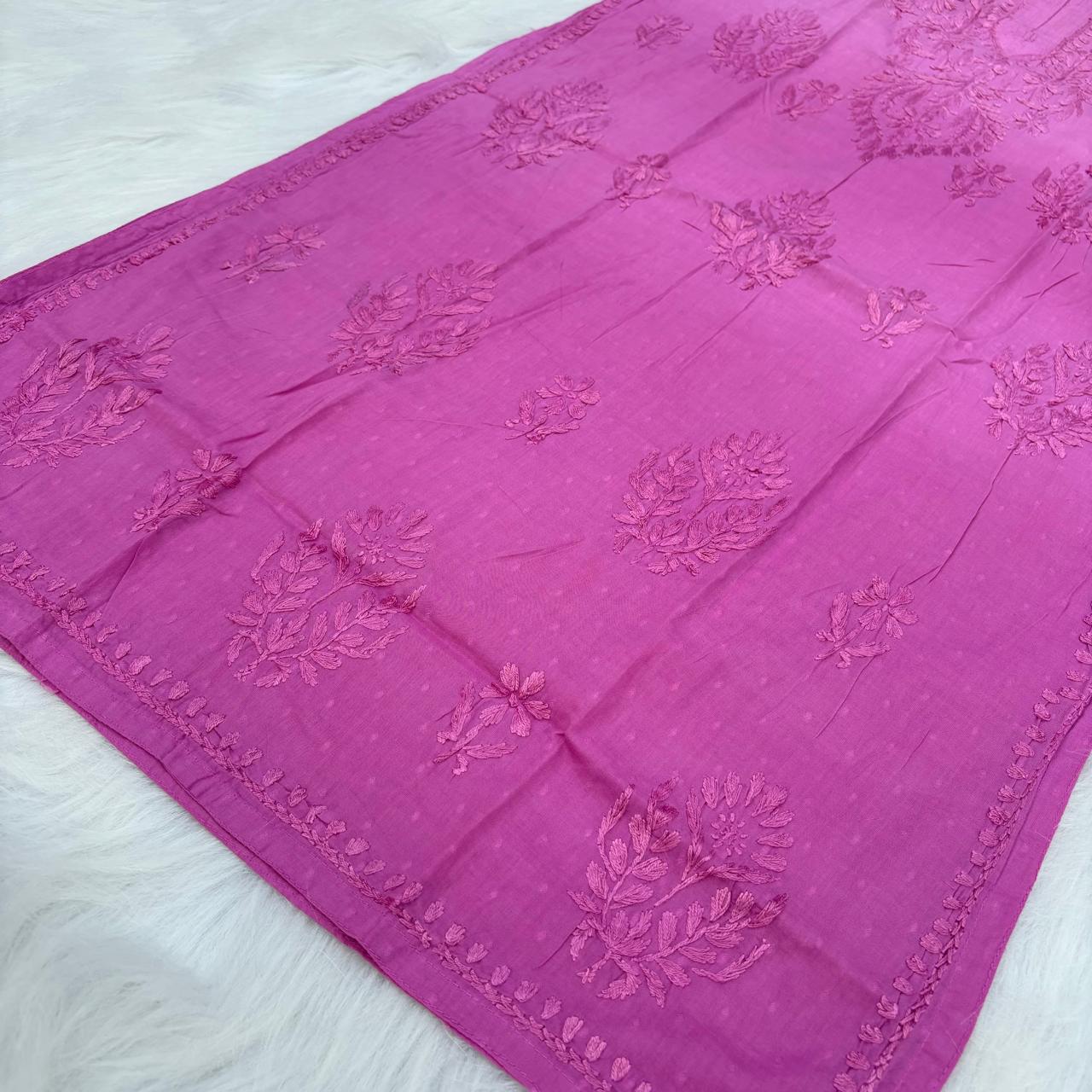 Tuba Ombre Shaded Dobby Cotton Chikankari Kurti - Fuchsia Colour - Chikankaar