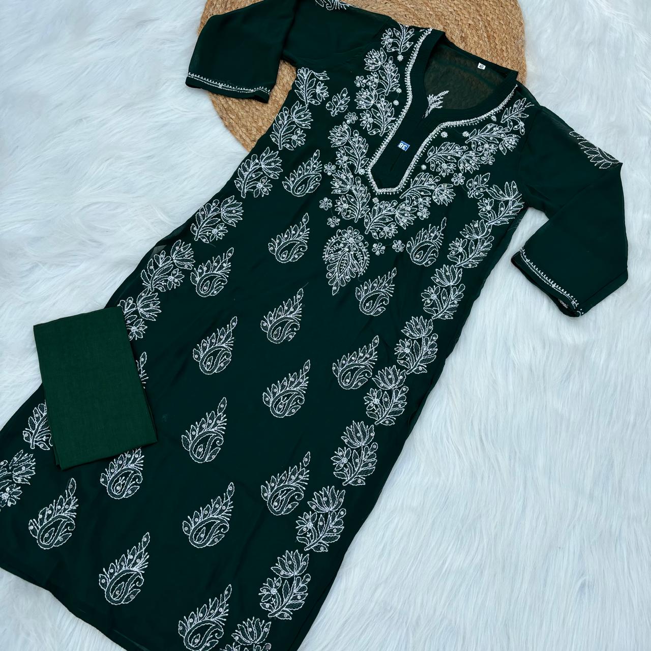 Stone Work Georgette Chikankari Kurti -Dark Green Colour - Chikankaar