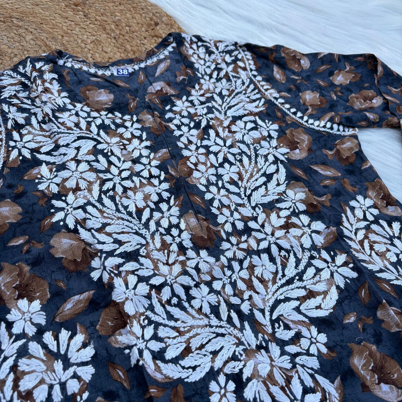 Sana Pure Mulmul Chikankari Handwork Kurti - Dark Blue Colour