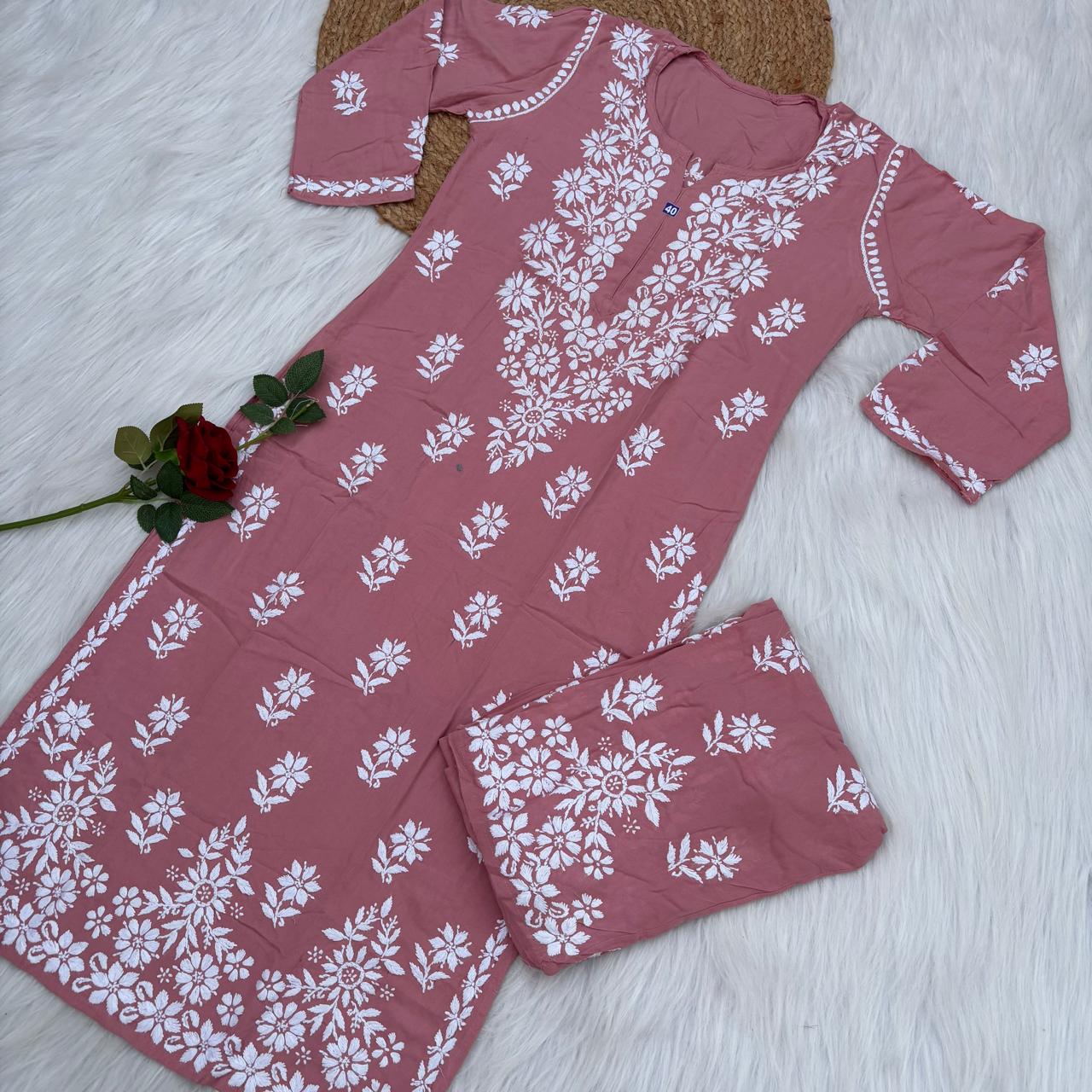 Maya Rayon Chikankari Kurti Plazo Set - Blush Colour