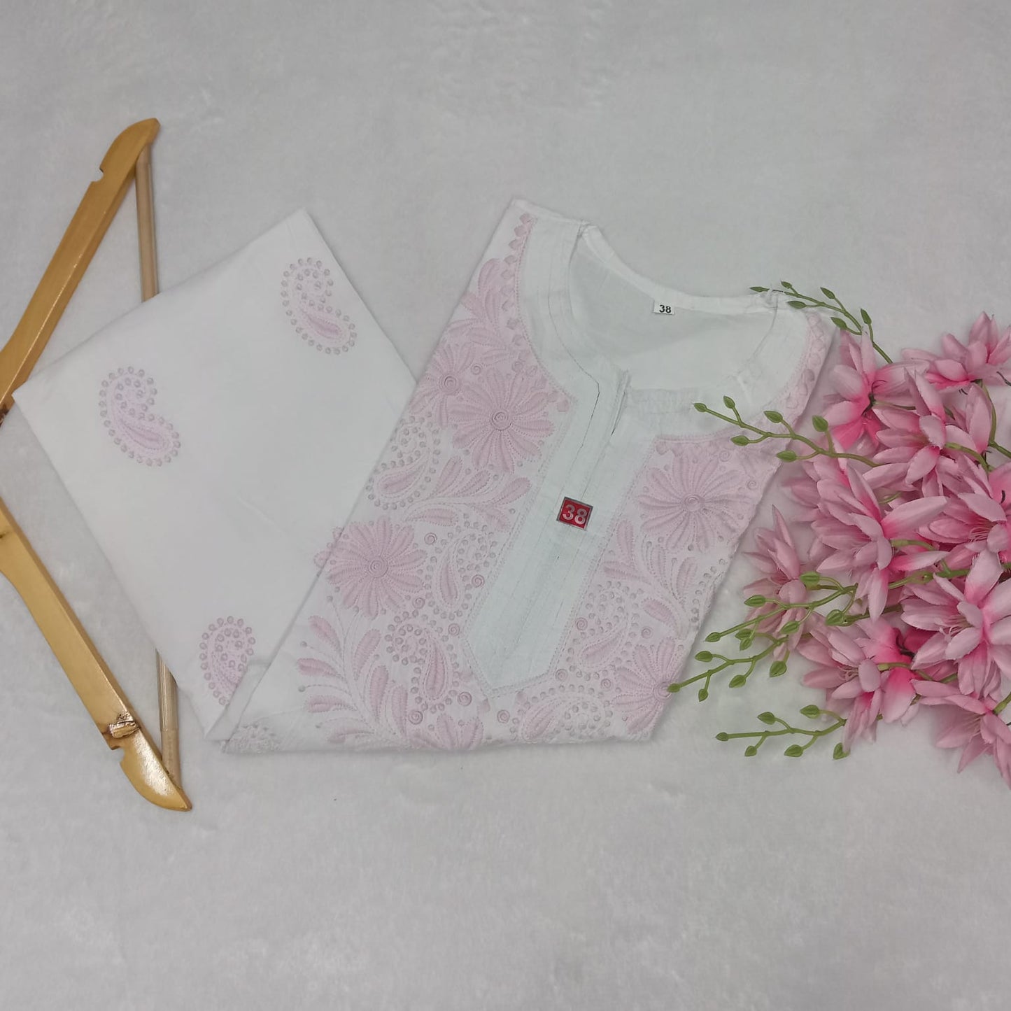 Pure Cotton Chikankari Machine Work Kurti - White Pink Color - Chikankaar