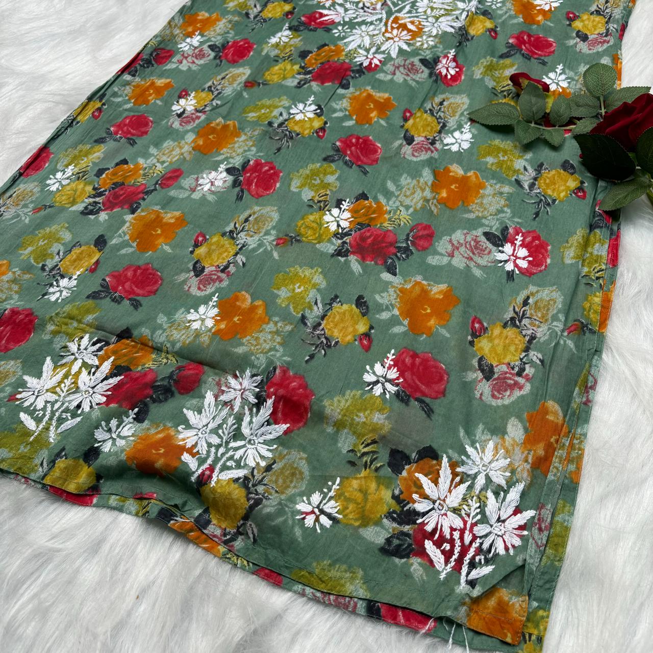 Plus size special-Dhanashree Inspired Mulmul Floral Printed Chikankari Handwork Kurti- Dark Green Colour - Chikankaar