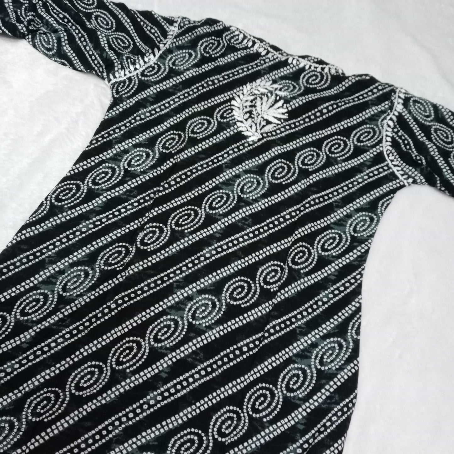 Falak Bandhani Print Rayon Chikankari Kurti Black Colour - Chikankaar