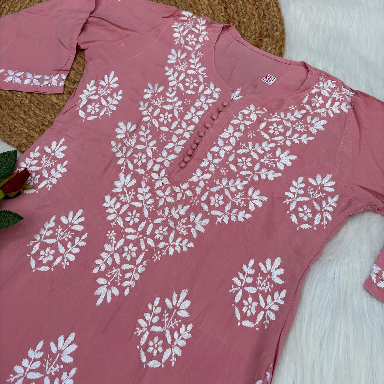 Ameena Soft Rayon Chikankari Kurti - Peach Colour