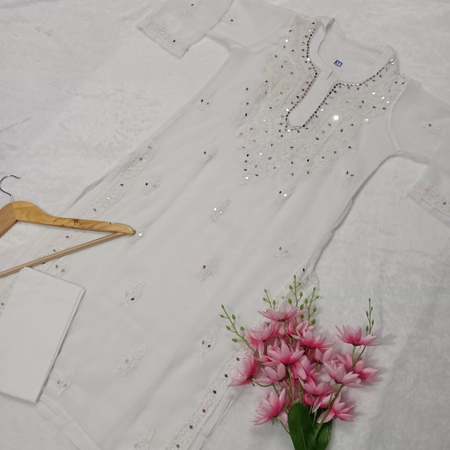 GEORGETTE MIRROR WORK CHIKANKARI KURTI WITH INNER- WHITE COLOUR - Chikankaar