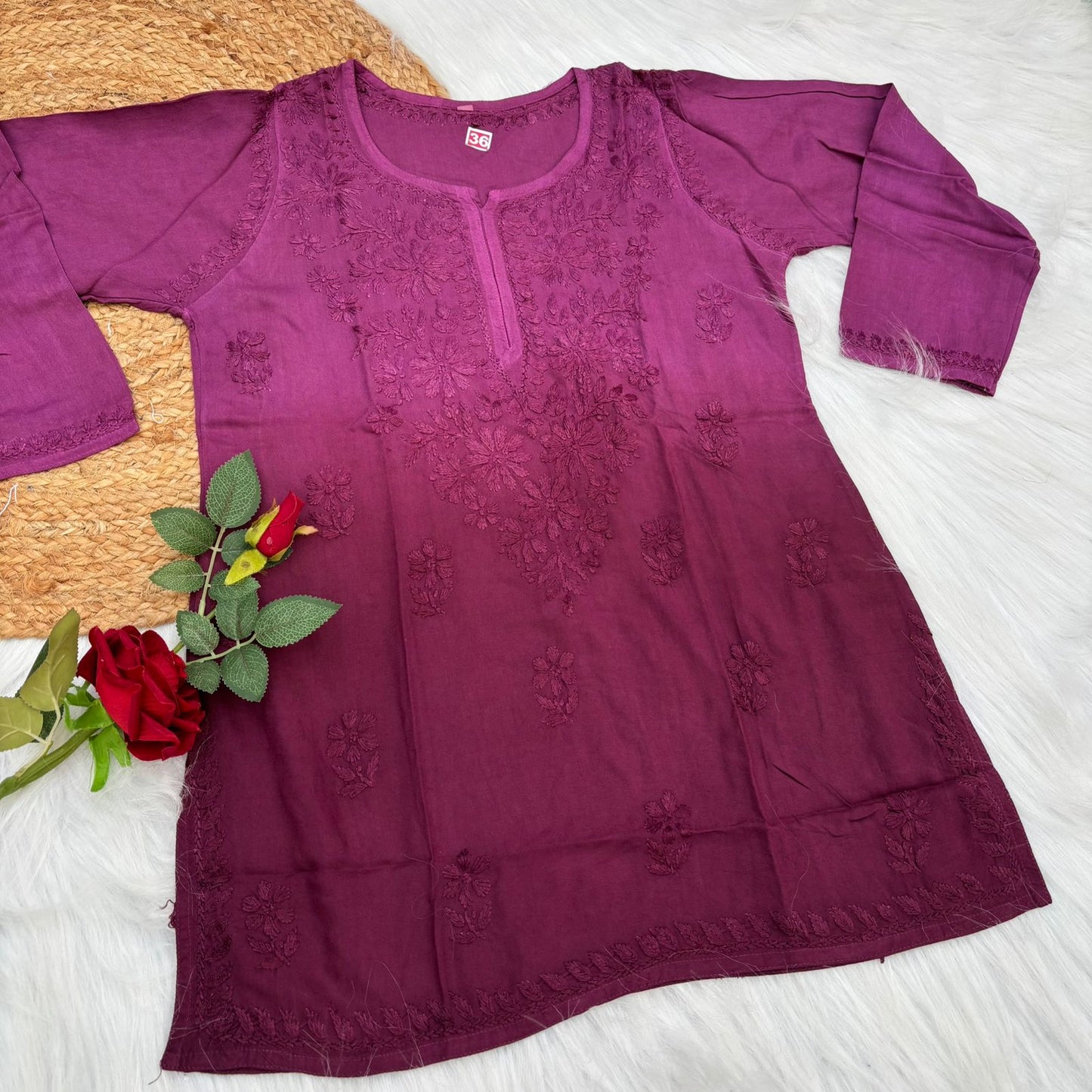Sofia Ombre Shaded Soft Rayon Chikankari Short Kurti -Wine Colour - Chikankaar